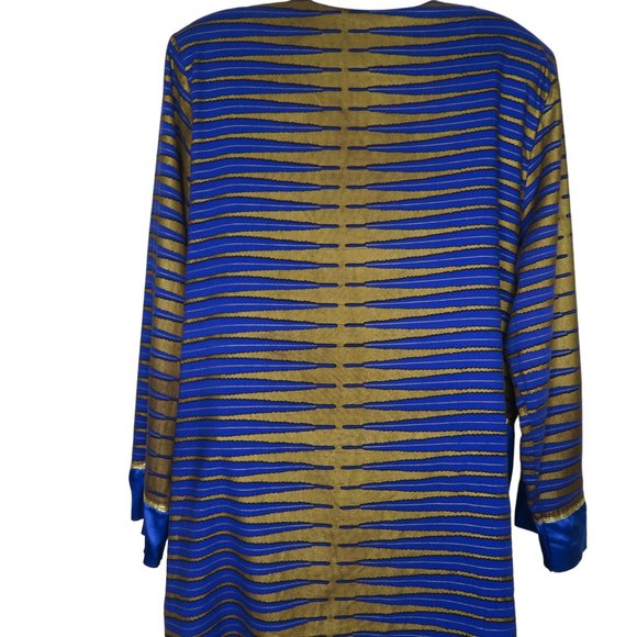 Vintage 70s Mod Coat Jacket L Blue Gold Mid Length Buttons Shoulder Pads Boho - Picture 9 of 15